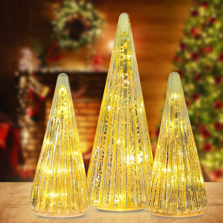 The Holiday Aisle® 3 Pack PreLit Gold Glass Christmas Tree Home Decor